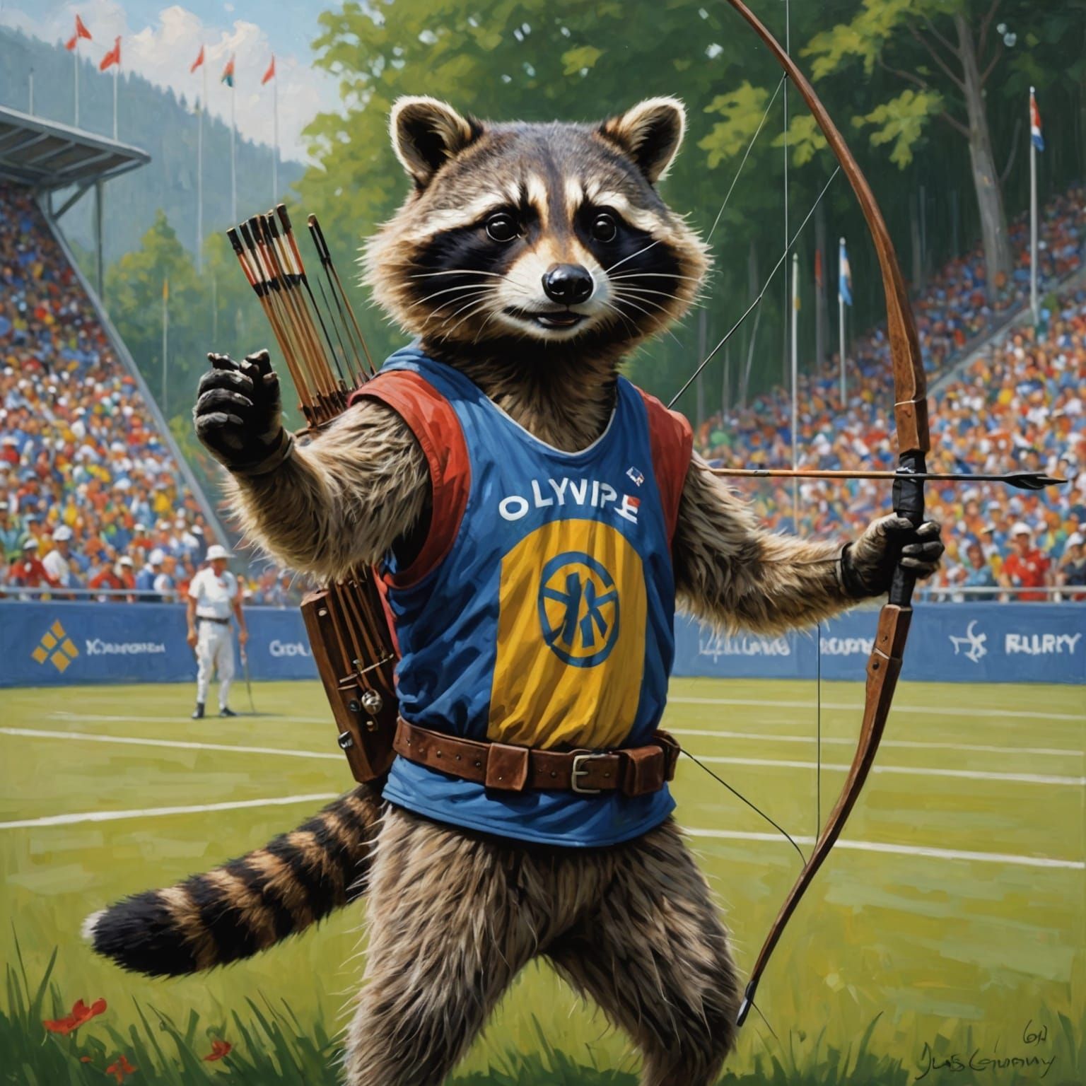 Raccoon Archer Competes at the Olympics: Oil Painting