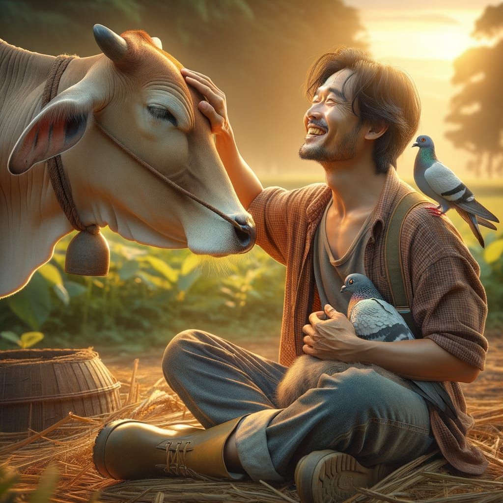 Joyful Farm Scene with Farmer, Cow, and Pigeon