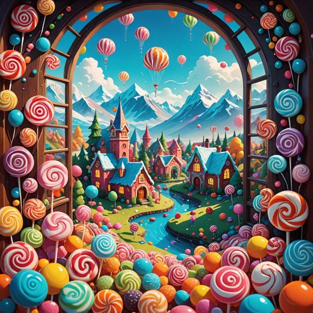 Whimsical Candyland Wonderland Outside a Window