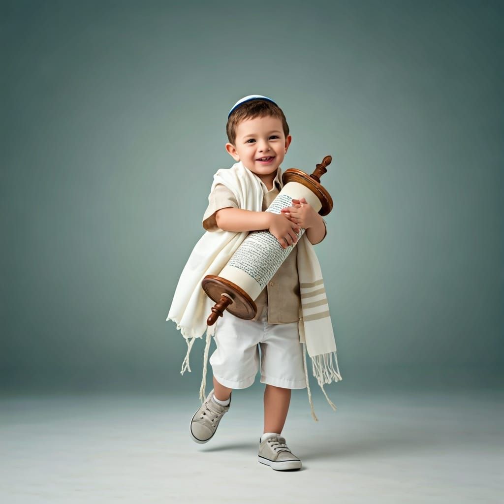 Joyful Young Boy Hugging Torah Scroll