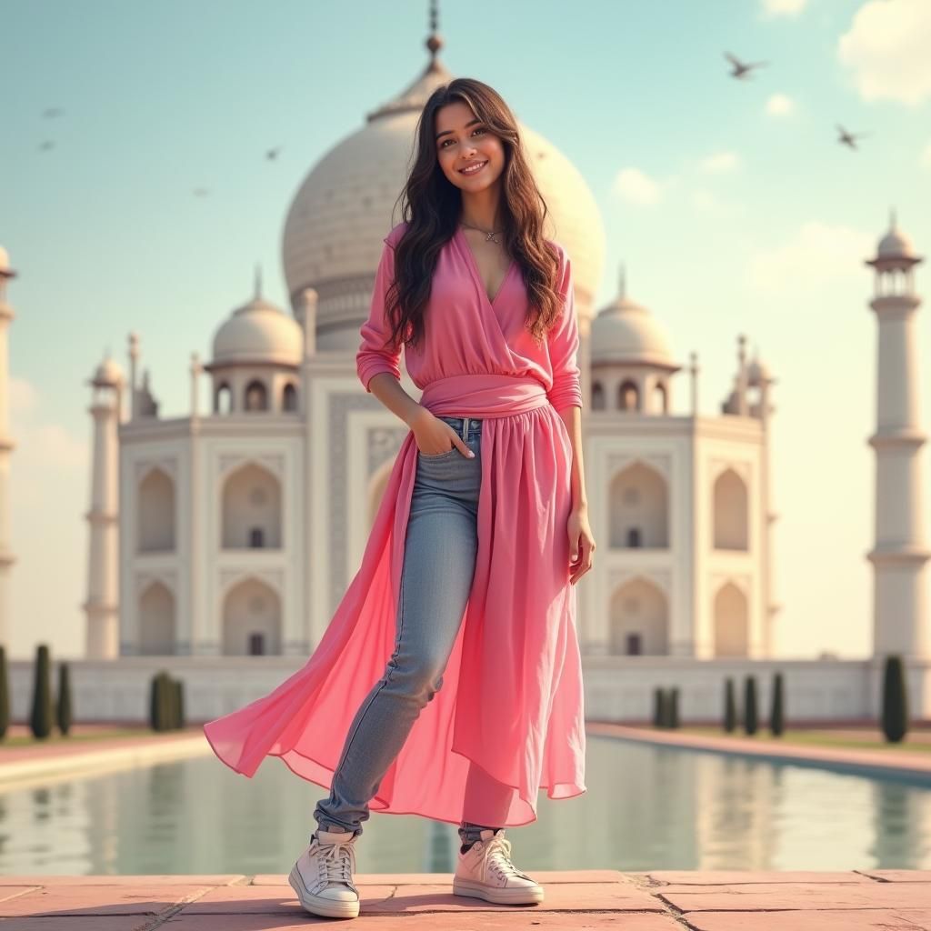Girl Selfi at Taj Mahal, Dreamy Digital Painting