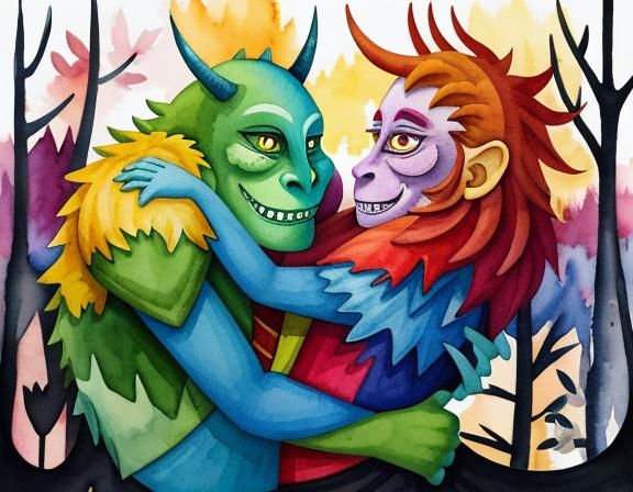 Watercolor Illustration of Two Monsters Hugging