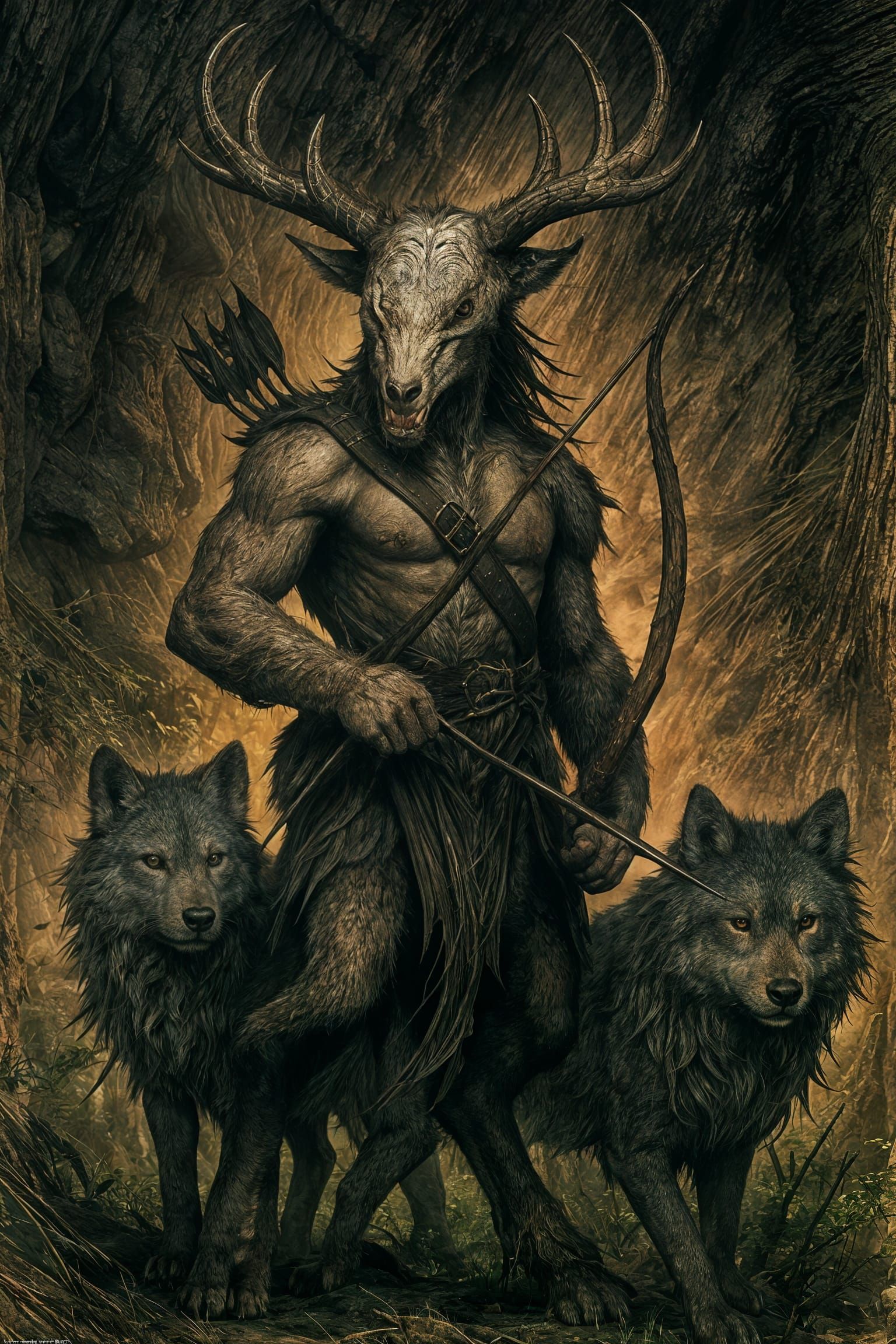 Fantasy Wild Hunter with Stag Helmet in Brush-and-Ink Style