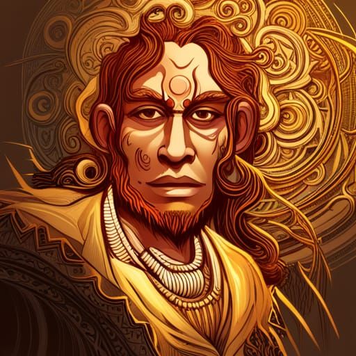 Lord Hanuman Digital Painting with Golden Outlines