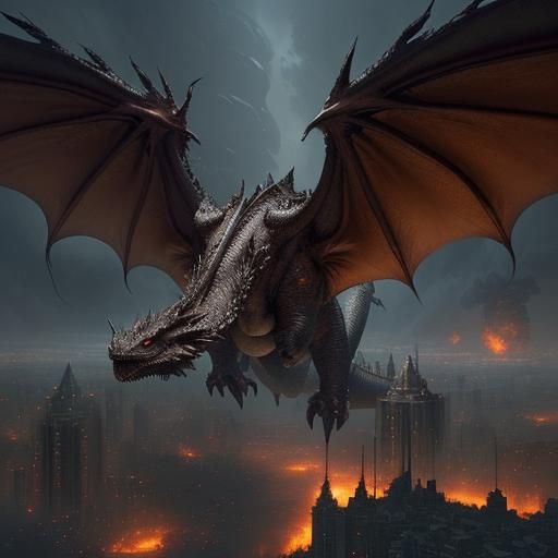 Flightless Dragon Burns City: Epic Digital Painting