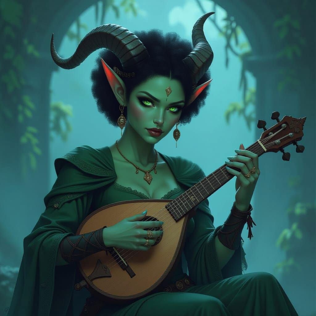 Sage Green Tiefling Bard with Lyre