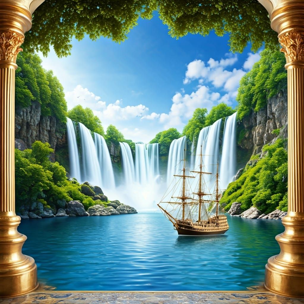 Golden Waterfalls and Ship: Ornate, Intricate Details