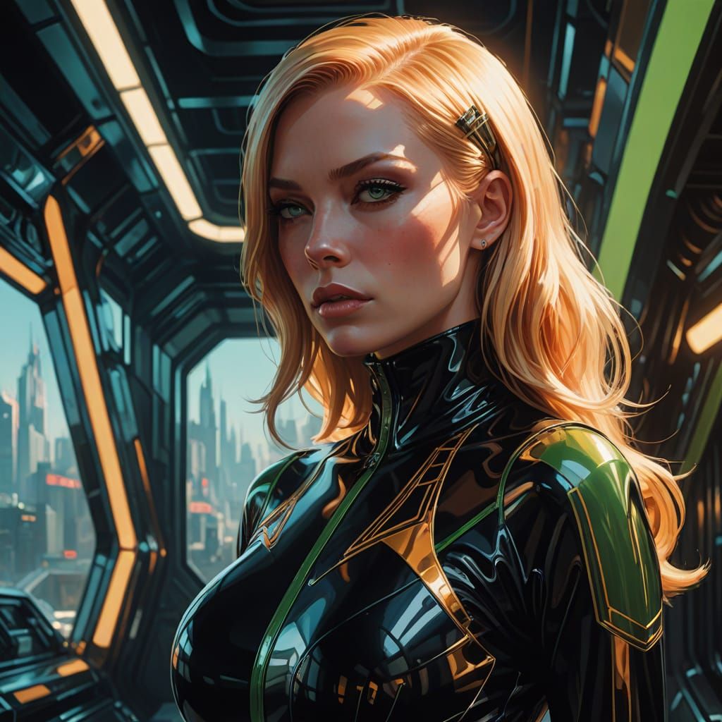 Sultry Woman in Art Deco-Inspired Latex Catsuit