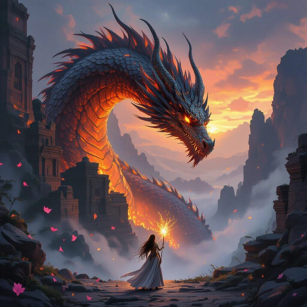 Ancient Dragon Guards Temple Ruins with Warrior-Mage