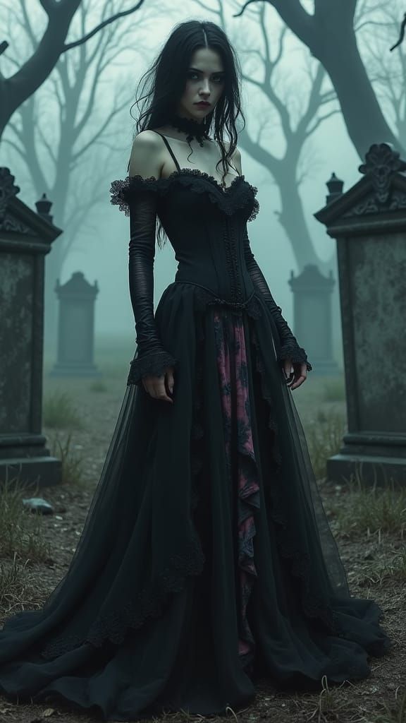 Victorian Woman in Graveyard, Doré Illustration