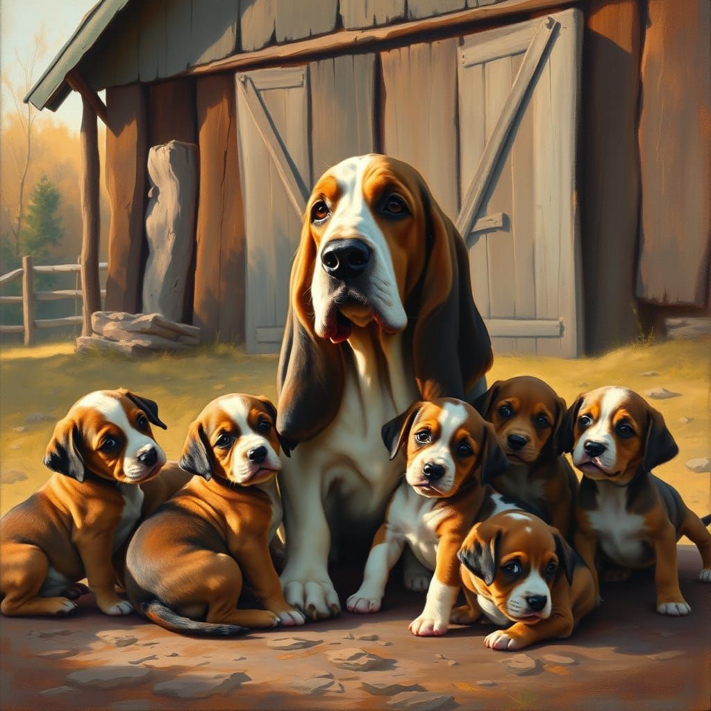 Basset Hound Mother and Puppies Oil Painting