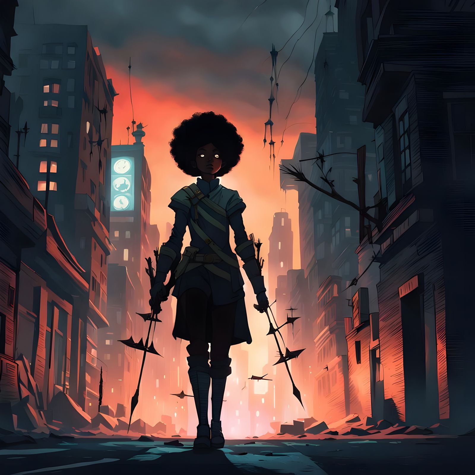 Cyberpunk-Inspired Shadow Archer in Desolate Urban Landscape