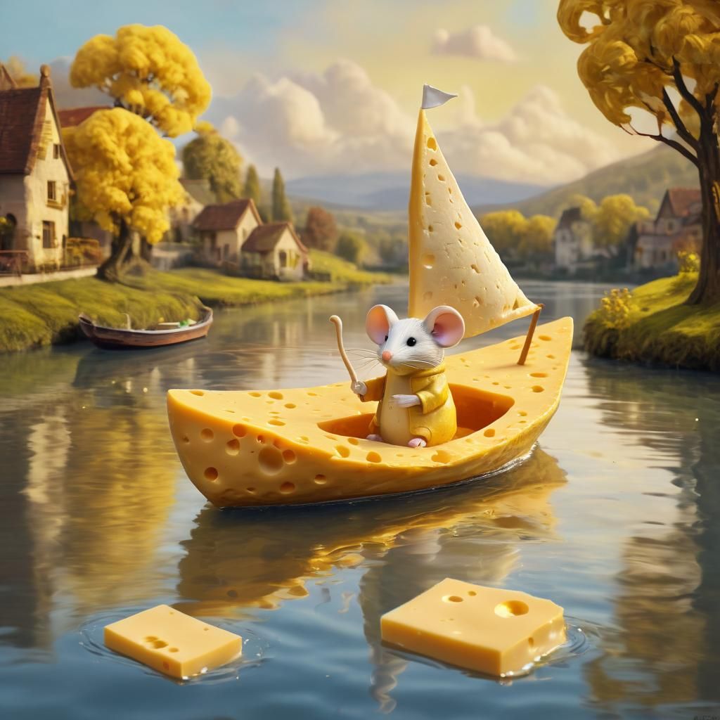 Cheese Sailboat on River, Impasto Digital Painting