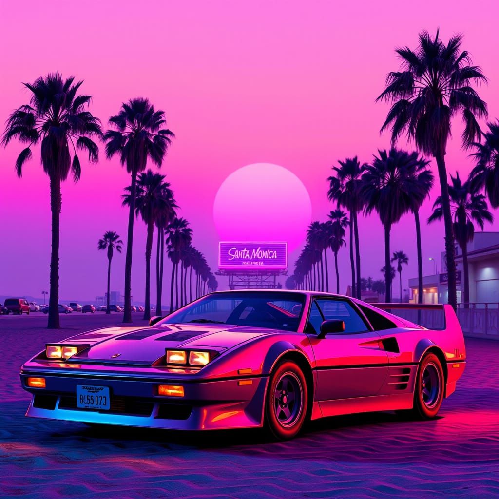 Retro 80's Sports Car at Sunset on Santa Monica Beach