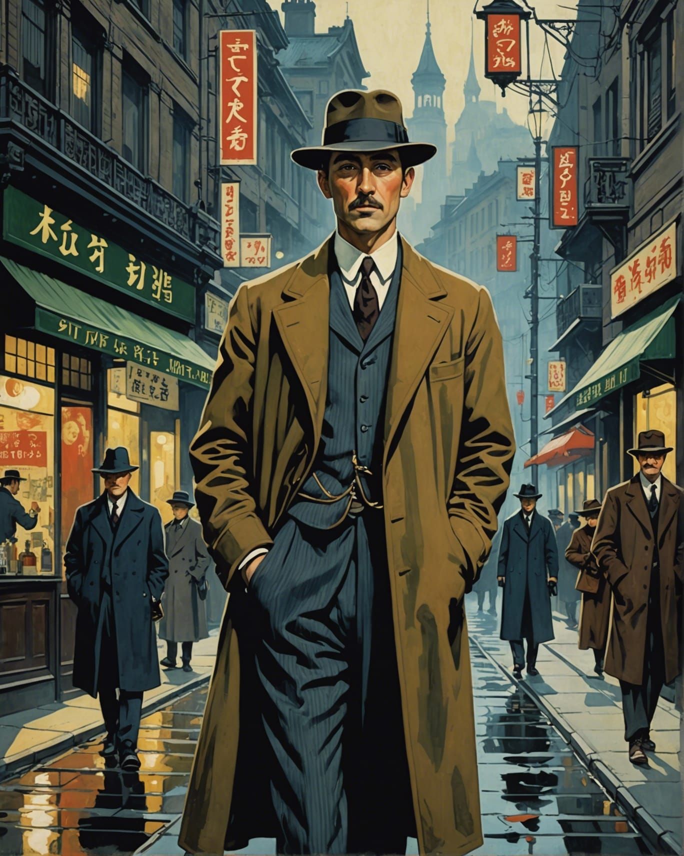art by Kashō Takabatake, Claude Monet, Taishō-era detective mystery, noir-inspired poster, sleuth in 1920s Western-Japan...