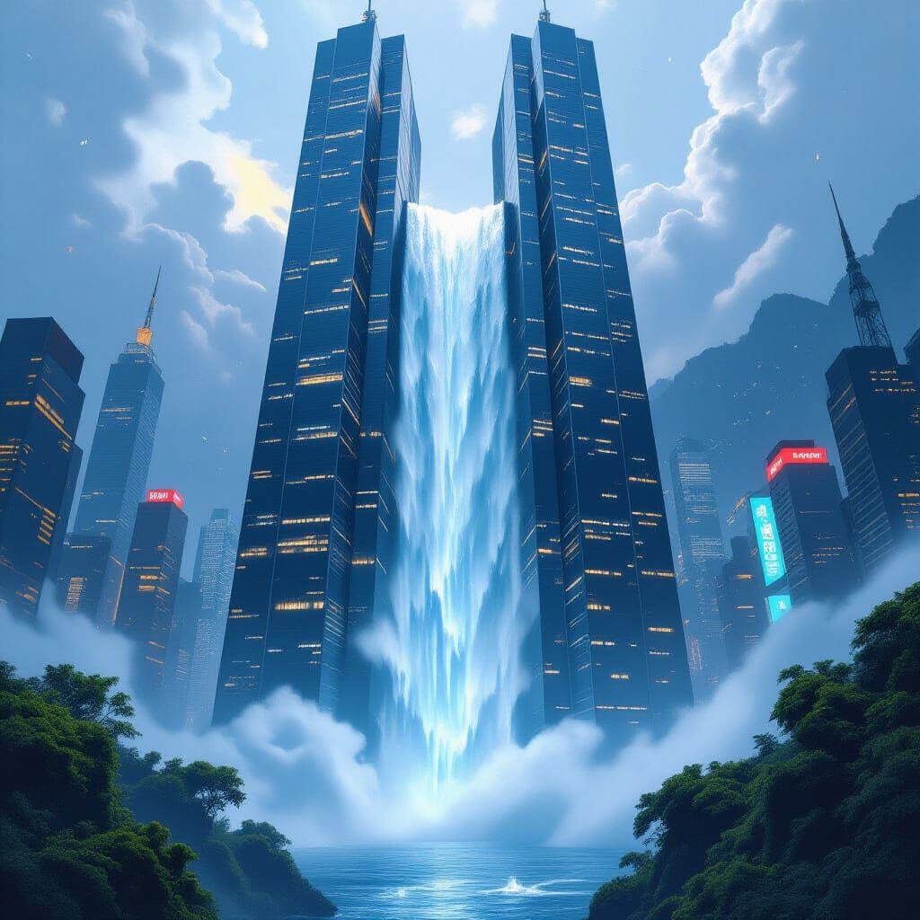 Skyscraper Waterfall Amidst Lush Greenery and City Lights