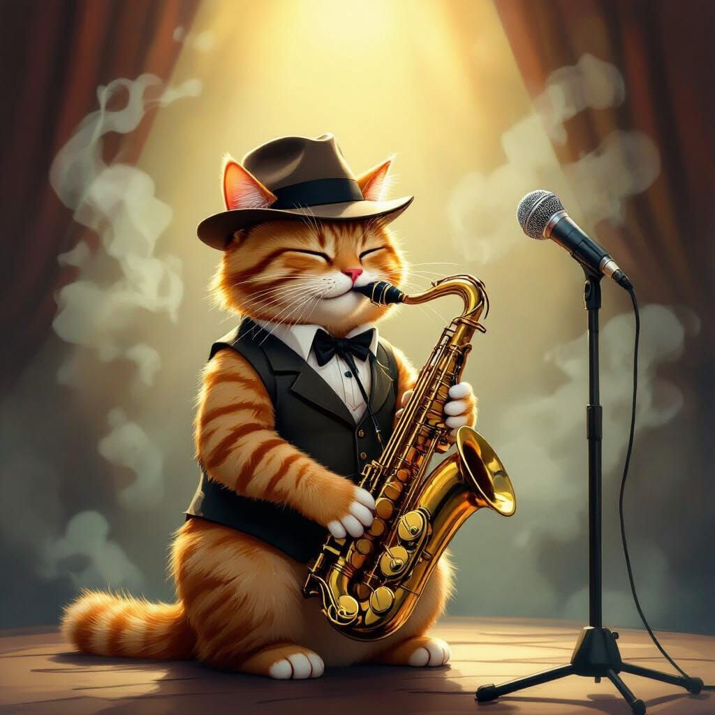 Ginger Cat Plays Saxophone in Smoky Jazz Club