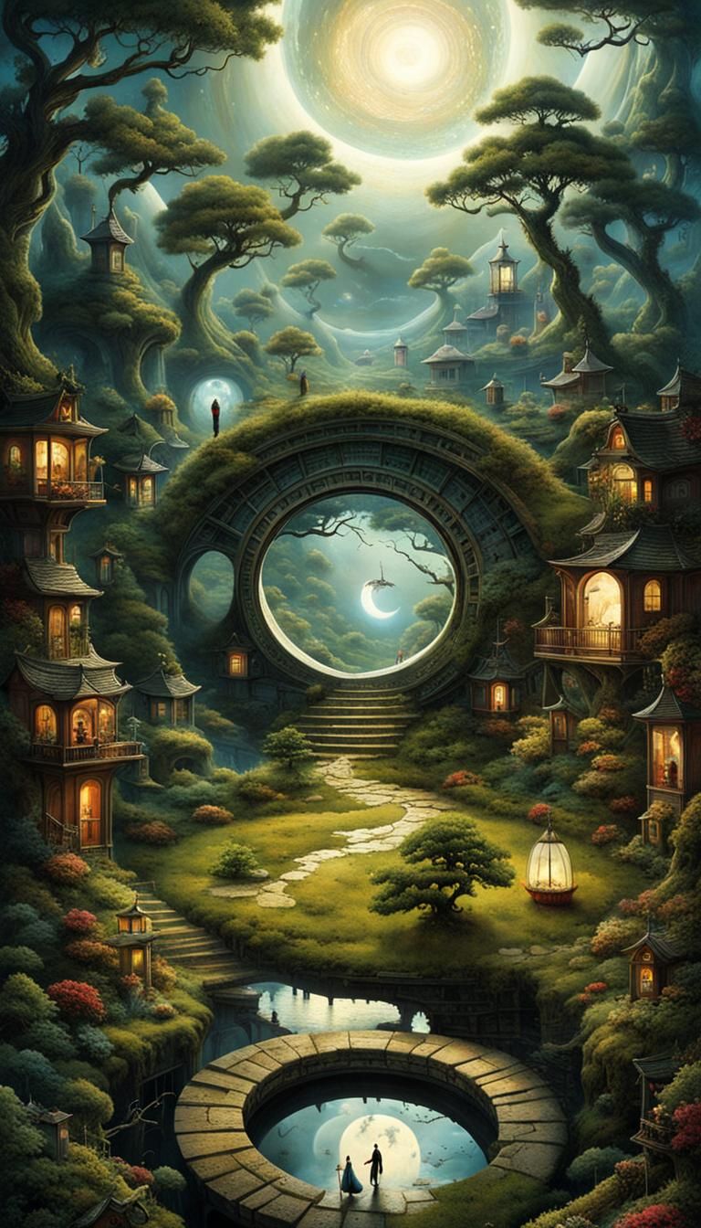 Surreal Stargate Scene with Victorian Cottages