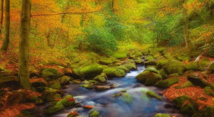 Autumn Forest Stream in Watercolor with Bokeh