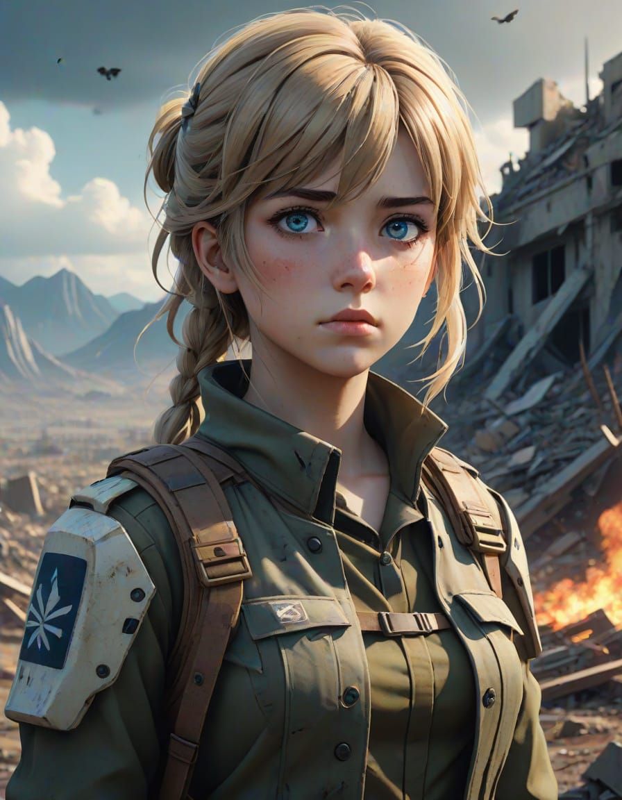 Anime Catherine Barkley in War-Torn Landscape