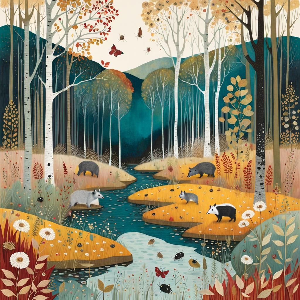 Autumn Badger in Forest, Klimt-Inspired Illustration