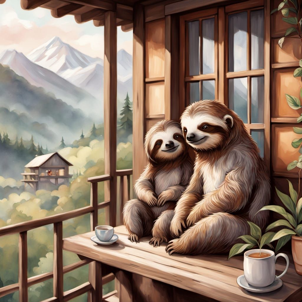 Whimsical Cartoon Sloth Couple on Chalet Balcony