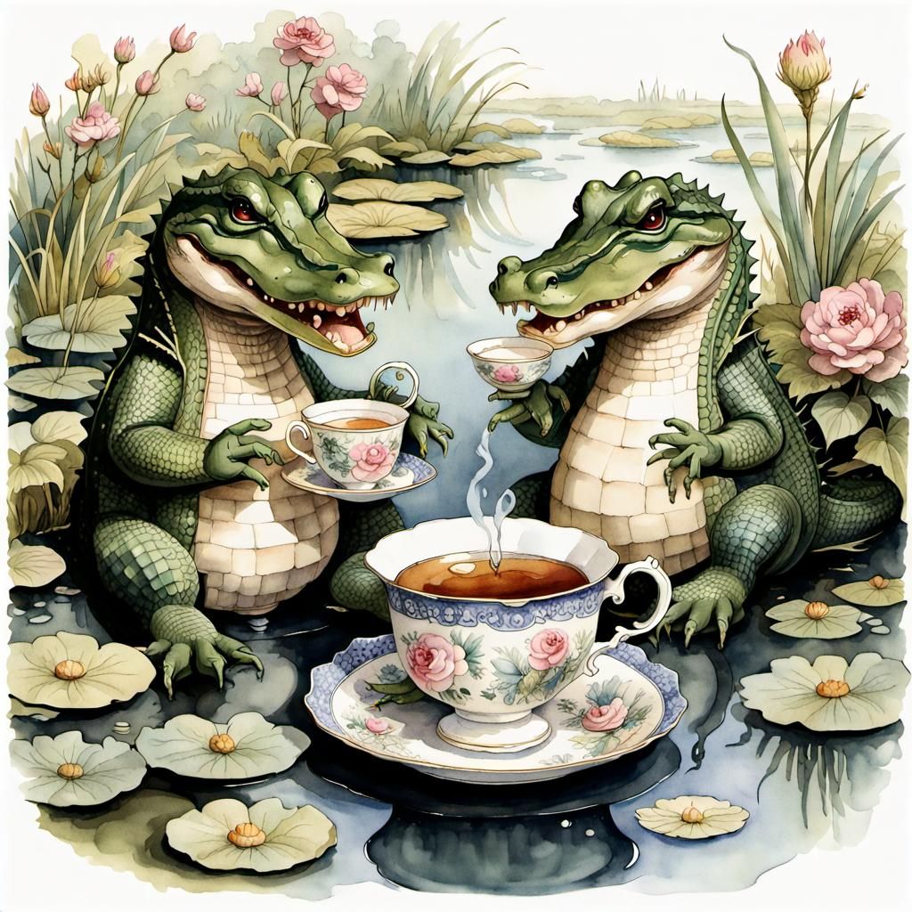 Alligator Tea Party in Garden Pond