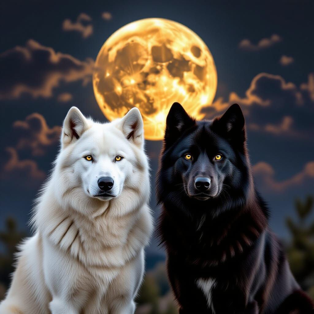 Majestic Wolves Under a Golden Crescent Moon