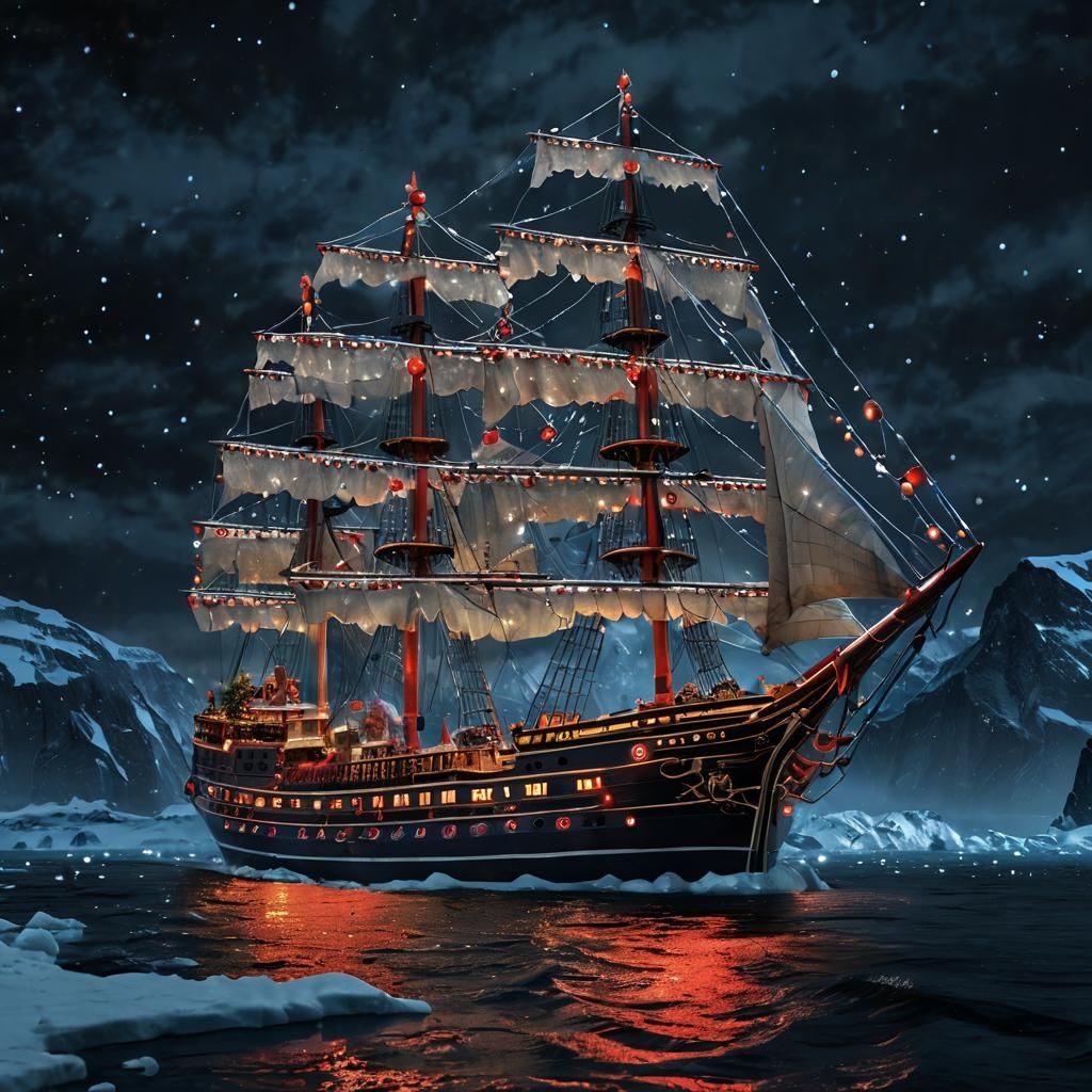 Majestic Ship Sails Winter Sea with Christmas Lights