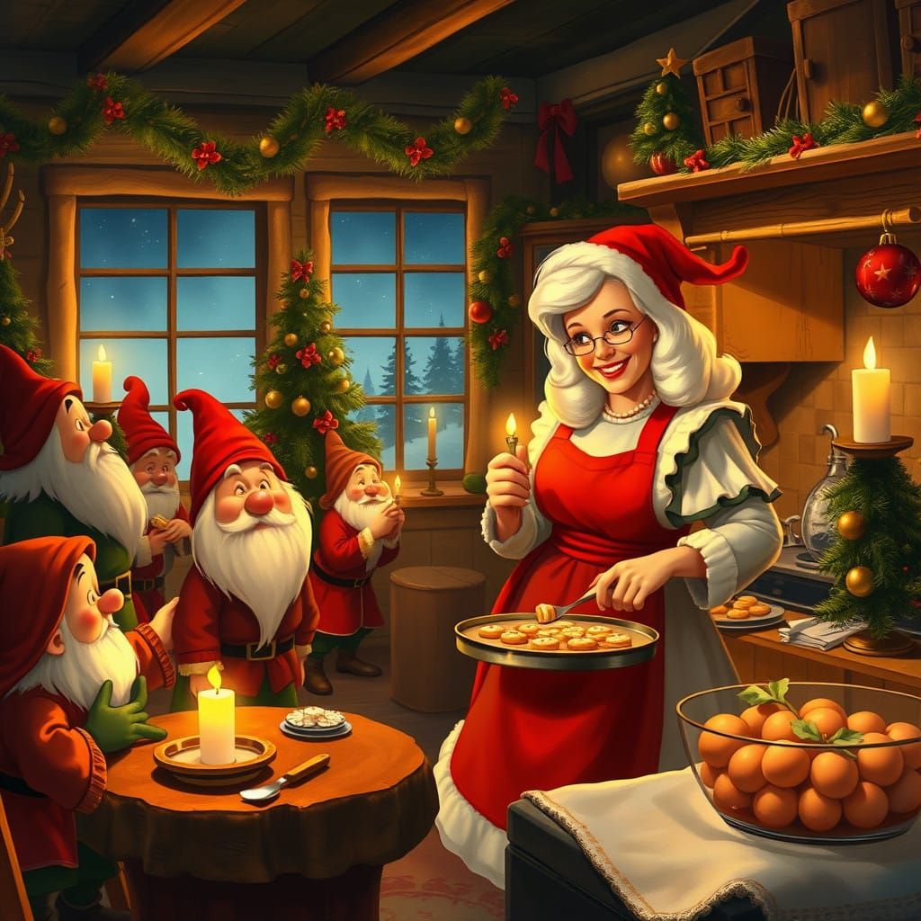 Mrs. Claus and the Dwarfs in a Cozy North Pole Winter Wonder...