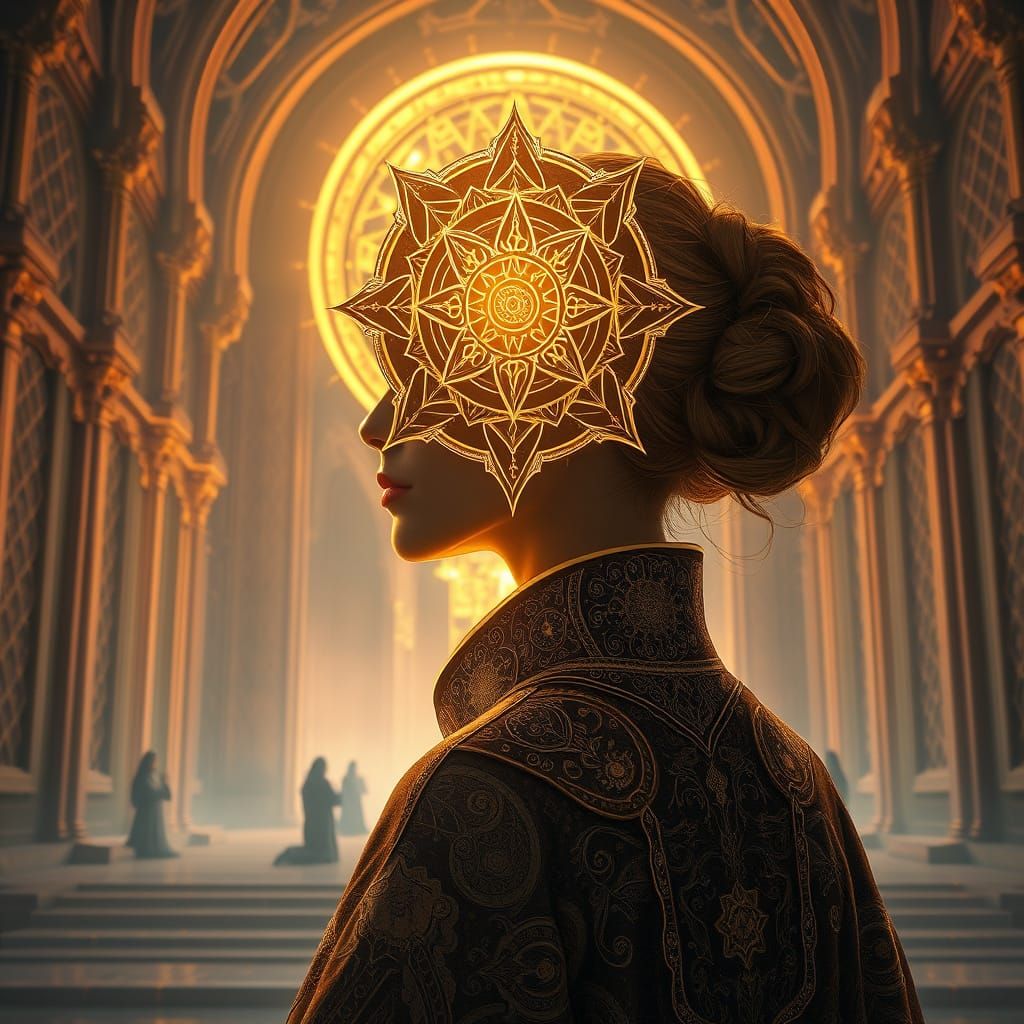 Ornate Woman in Temple with Crystal Circuitry