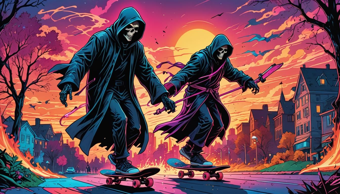Grim Reaper Skateboard Ride in Neon City Park