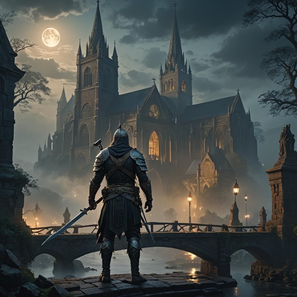 Celtic Warrior on Moonlit Bridge: Dark Fantasy Art