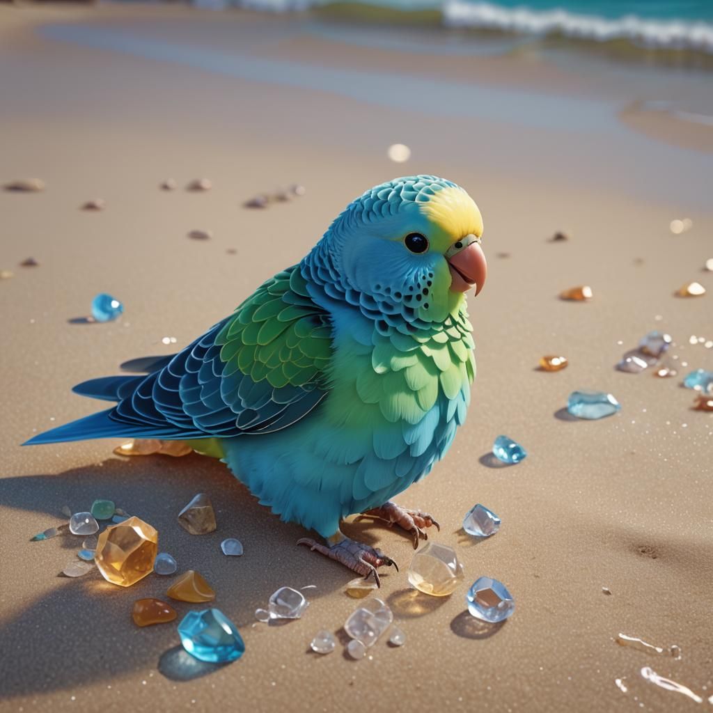 Energetic Crystal Budgie on Beach: 3D Digital Art