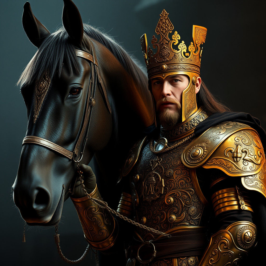Bulgarian King in Golden Armor with Black Stallion