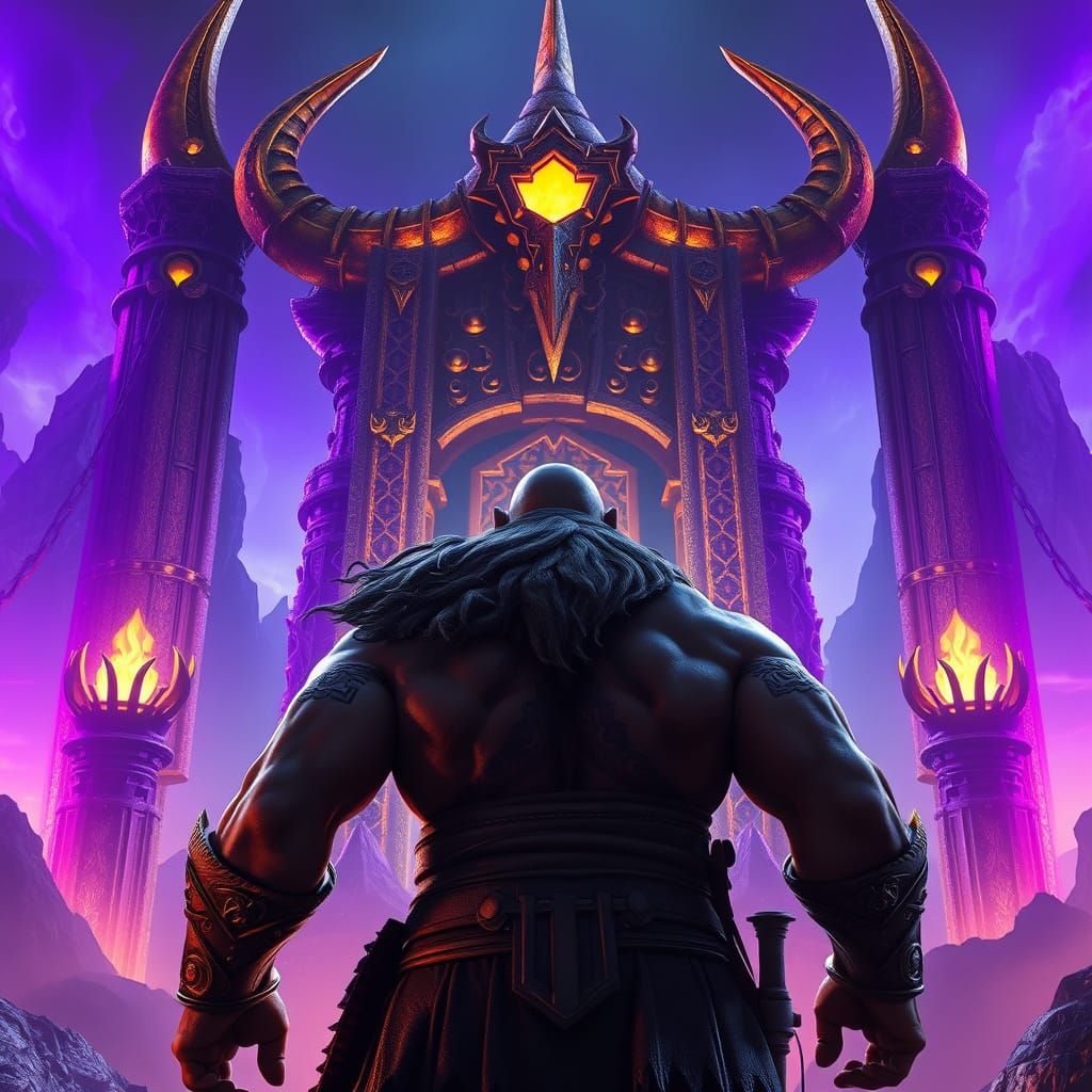 a large muscled Viking standing at the gates of Valhalla, lo...