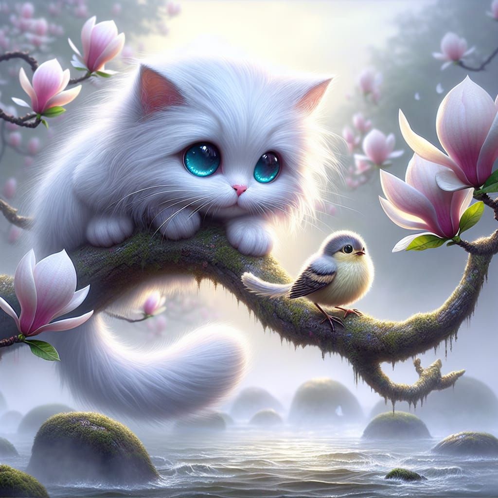 Cute Chibi Cat Stalking Bird, as Oil Painting