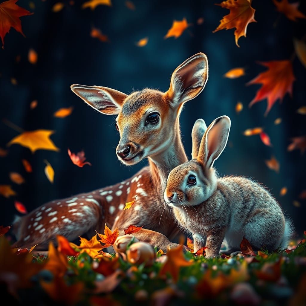 Fawn and Bunny Play in Mystical Autumn Forest