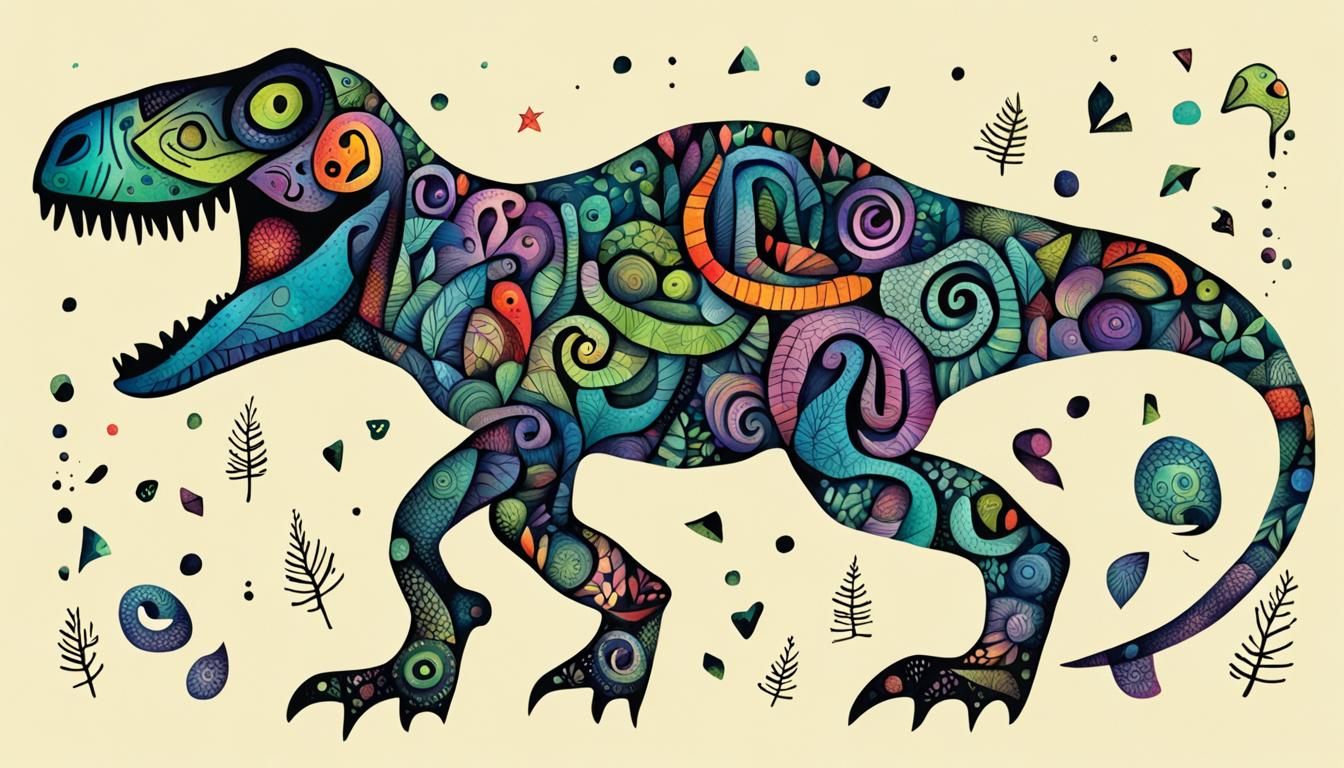 Happy T-Rex in Forest: Zentangle Ink Illustration