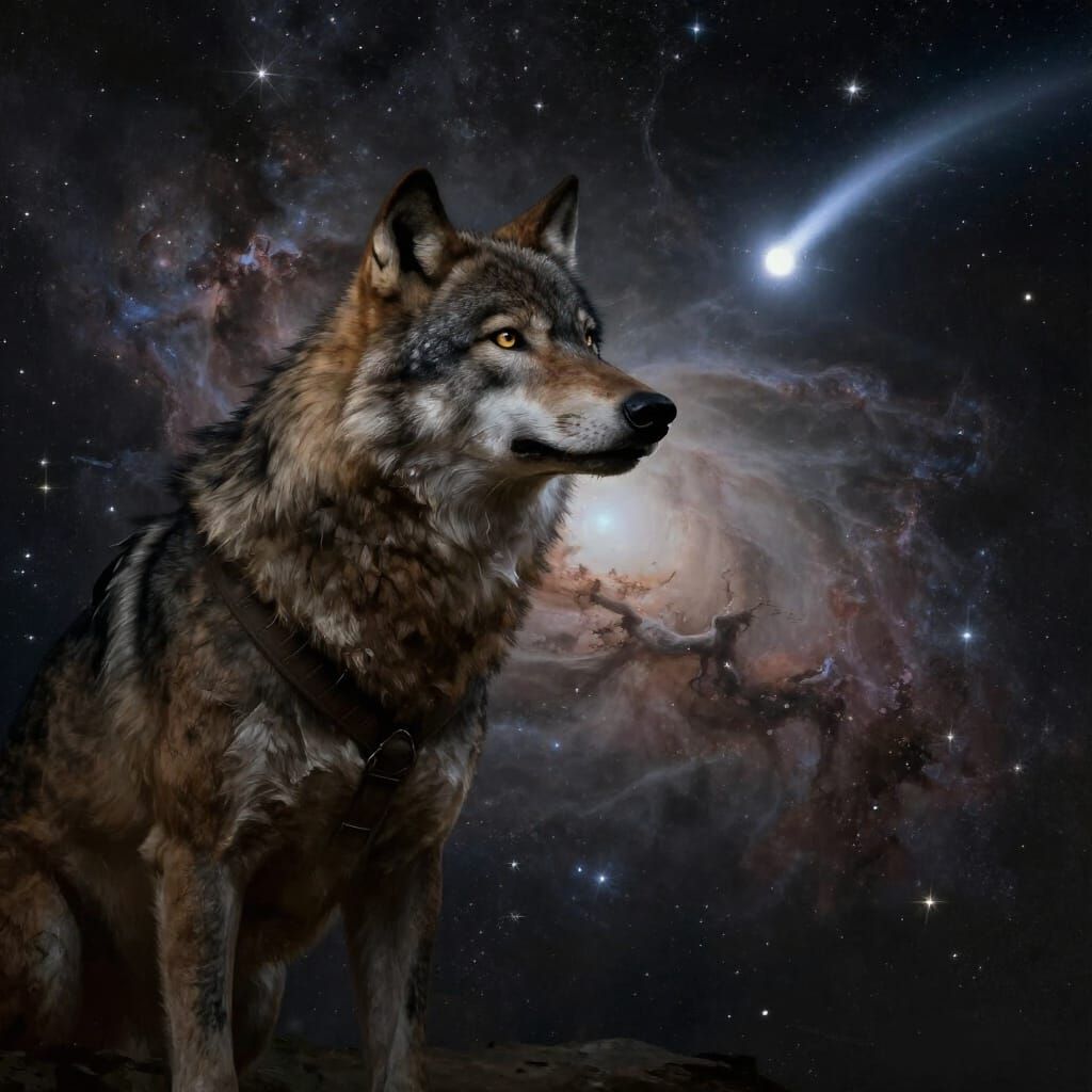 Ancient Wolf Gazes at Comet Amidst Starry Nebula