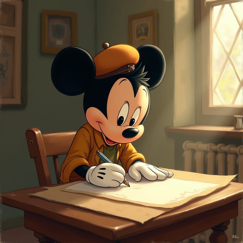 Whimsical Artist Mickey Mouse at Work