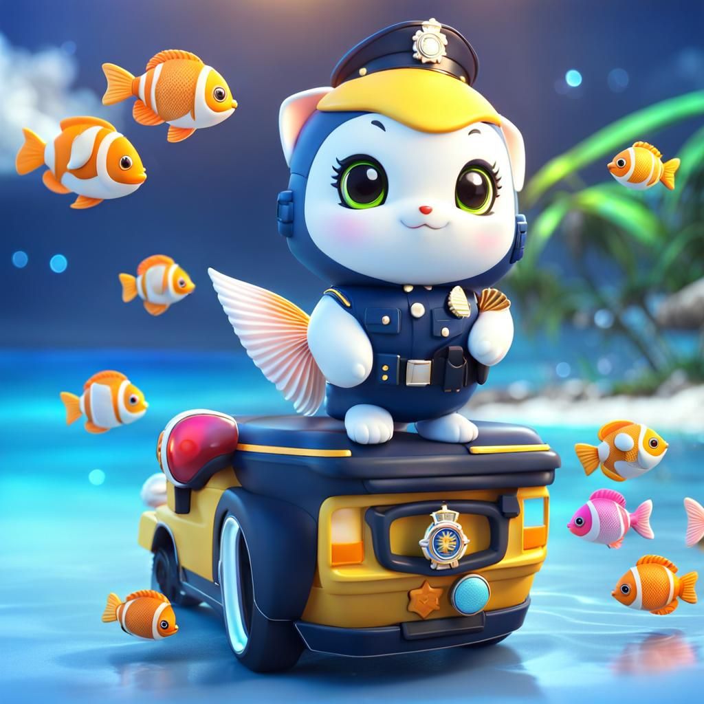3D Anime Kawaii Fish Cop on the Beach