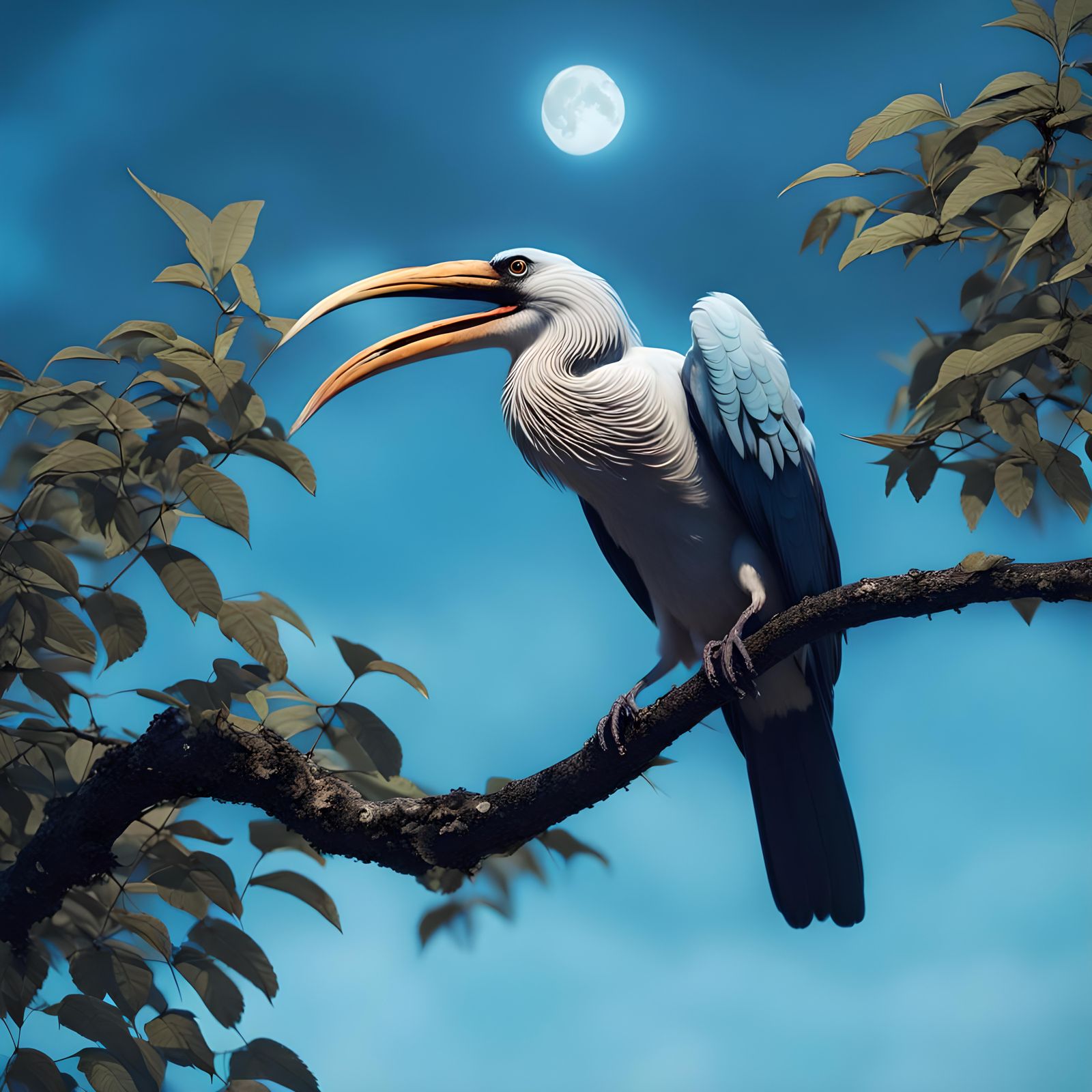Bird Gripping Moon in Beak: 3D Rendered Art