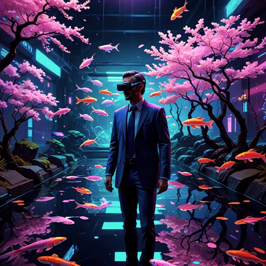 Cyberpunk Businessman Dances in Virtual Reality Dojo