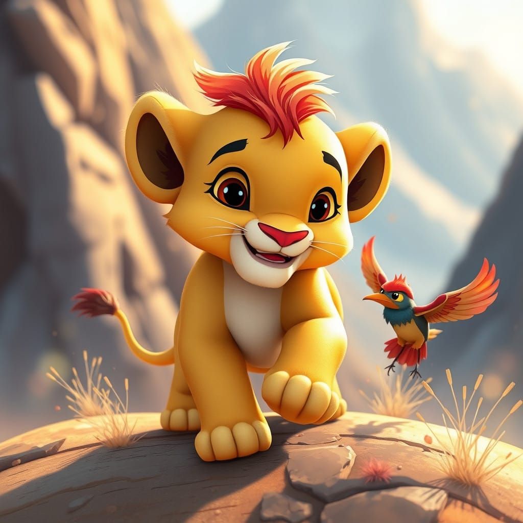 Whimsical Simba, CGI Lion Cub Chasing Bird in Vibrant Desert...