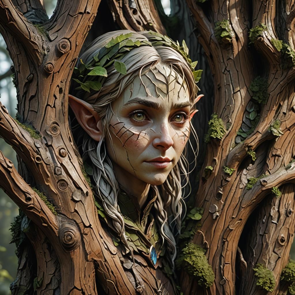 Female Elf Emerges from Tree Sculpture