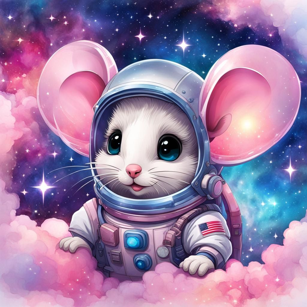 Chibi Mouse Astronaut in Space Watercolour
