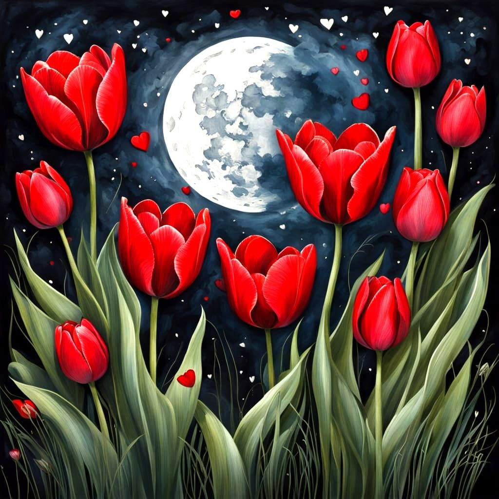 Romantic Red Wedding Scene with Hearts and Tulips Under a Re...