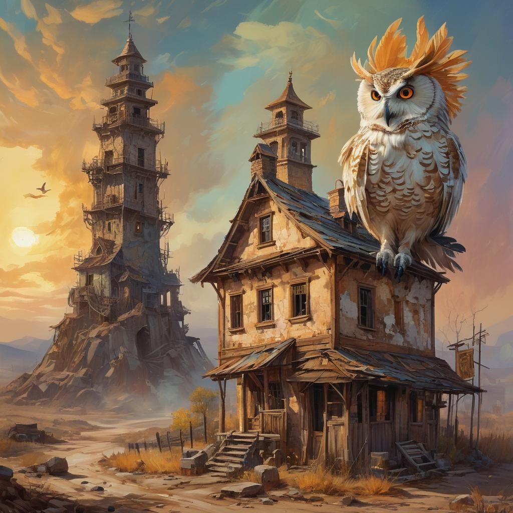 Surreal Landscape of a Ghost Town on a Giant Owl's Back, in...