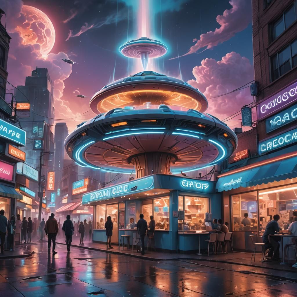 UFO over Ice Cream Shop in Sci-Fi City
